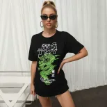 Loose Fit Black T Shirt Summer Floral Print Short Sleeve European and American Style Casual Wear