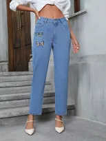 Womens Embroidered Straight Leg Jeans Casual Style Fashionable Design Comfortable Fit Perfect fo