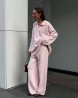 Womens Autumn Winter Solid Color Polo Neck Sweater Set Loose Fit Knit Sweater and Wide Leg Pants