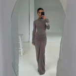 Elegant Solid Color Long Dress Slimming Fit Ruffled Design Perfect for Fall Winter Wholesale Ava