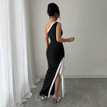 Summer Color Block Maxi Dress for Women Elegant Sexy High Slit Perfect for Parties and Events Wh