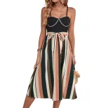 Fashionable Colorful Striped Spaghetti Strap Dress Slim Fit Chain Detail Trendy Design Perfect f