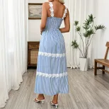 French Style Striped Lace Maxi Dress Sleeveless Flowy Elegant Design Perfect for Summer Events W