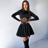 Fashionable Womens Dress Half High Neck Long Sleeve Sheer Mesh Panel Fishtail Design Waist Cinch