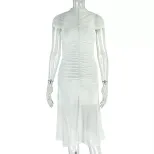 Elegant Womens Dress Solid Color Pleated Waist Defining Short Sleeve Mesh Panel Casual or Evenin