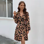 Animal Print V Neck Mini Dress Womens Autumn Fashion Trendy Short Sleeve Wholesale Available OEM