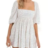 Plus Size Loose Sequin Mini Skirt Dress Short Sleeve Square Neck Solid Color Flared Hem Summer C