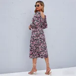 Vintage Floral Puff Sleeve Backless Dress Square Neck Autumn Collection Elegant Style Wholesale