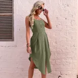 Summer Casual Solid Color Sleeveless Dress Slim Fit Asymmetrical Design Cotton Linen Blend Perfe