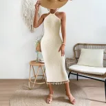 Customizable Sleeveless Knit Maxi Dress Halter Neck Fitted Silhouette Fringe Hem Beach Vacation