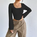 Fashionable Elegant Womens T Shirt Square Neck Flared Long Sleeves Spring Summer Style Wholesale