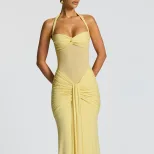 Chic Womens Maxi Dress Halter Neck Sheer Mesh Solid Color Flowing Design Perfect for Parties and
