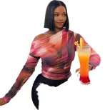 Fashionable Printed Long Sleeve Top Off Shoulder Design Versatile Street Style Womens Casual Wea