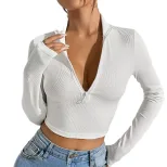Slim Fit Short Knit Long Sleeve T Shirt Y2K Style Stand Collar Trendy Design Spring Summer Colle