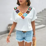 Casual Vacation Top V Neck Colorful Crochet Patchwork Ethnic Style Womens Fashion Wholesale Avai