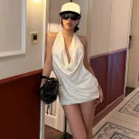 Summer Womens Dress Fashionable Hollow Back Sleeveless Solid Color Sexy Neckline Perfect for Vac