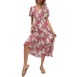 Floral Print V Neck Dress for Women Summer Casual Style Lightweight Fabric Available in Red Wholesale Options