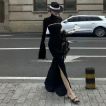 Black Fishtail Dress Slim Fit High Neck Hollow Out Side Split Elegant Evening Wear Wholesale Ava