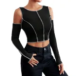 Slim Fit Color Block Off Shoulder Long Sleeve T Shirt Stylish Stitching Detail Casual Wear for W