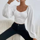 Casual Womens T Shirt Long Sleeve Waist Defined Short Crop Spring Summer Fashion for Parties and