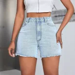 High Waisted Loose Fit Denim Shorts Frayed Hem Fashionable Style Casual Wear Ready to Ship Whole