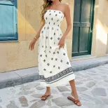 Geometric Print Strapless Dress Summer Vacation Style Vintage Ethnic Design Available for Wholes