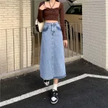 跨境复古开叉牛仔半身裙女春季2024新款高腰遮跨中长款a字包臀裙
