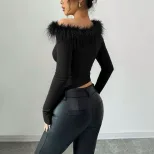 Feather Trimmed Asymmetrical Hem Long Sleeve Top Unique Design Slim Fit Spring Summer Style Whol