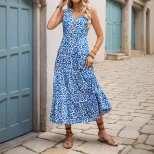 Sleeveless V Neck Abstract Floral Print Dress Summer Style Lightweight Fabric Trendy Design Whol