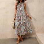 Vintage Bohemian Print Sleeveless Dress Stand Collar Drawstring Waist Relaxed Fit Perfect for Su
