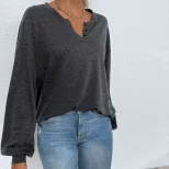 Womens Loose Fit Long Sleeve T Shirt Casual Minimalist Style Spring Summer Versatile Everyday We
