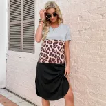 Summer Womens Dress Slim Fit Short Sleeve Color Block Leopard Print Side Slit Casual Wear Wholes