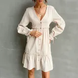 Slim Fit Cardigan Dress Ruffle Trim Long Sleeve Solid Color Casual Wear Suitable for Spring and