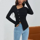 Womens Knitted Top Wrinkle Design Button Detail Asymmetrical Style Autumn Winter Fashion Wholesa