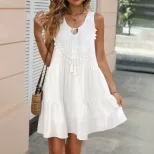 Bohemian White Sleeveless Dress Ethnic Style V Neck Tassel Detail Short Length Summer Beach Vaca