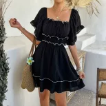 Black French Square Neck Ruffled Short Sleeve Dress Color Block Waist Cinching A Line Silhouette