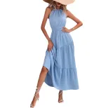 Womens Sleeveless Halter Dress Waist Defined Cake Skirt Design Casual Vacation Wear OEM Availabl