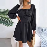 French Style Womens Dress Square Neck Pleated Waist Defining Slim Fit Autumn Winter Casual Wear
