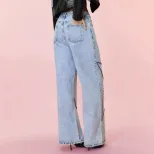 Loose Fit Vintage Beaded Denim Pants Womens Casual Style European and American Fashion Wholesale
