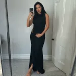 Sleeveless Bodycon Dress Solid Color Metallic Accents Side Slit Autumn Fashion for Women Wholesa