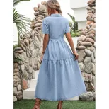 Elegant V Neck Denim Dress Womens Fashion European and American Style Chic Design Perfect for Ca