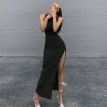 Sleeveless Round Neck Midi Dress Bodycon Fit Side Slit Summer Style Perfect for Casual Outings W