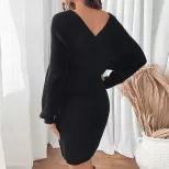 Casual Batwing Sleeve Sweater Dress V Neck Bodycon Fit Black Color Perfect for Everyday Wear Who