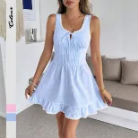 Sweet Vacation Plaid Dress Lace Trim Sleeveless Casual Style Perfect for Summer Getaways OEM Ava