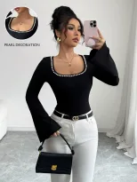 Black Square Neck Long Sleeve T Shirt for Women with Pearl Decor and Flared Sleeves Slim Fit for Casual Wear Wholesale