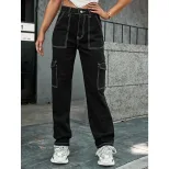 High Waisted Denim Pants Casual Style Patchwork Design Functional Pockets Versatile for Everyday