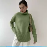 Loose Fit Turtleneck Sweater Solid Color Knitted Split Hem Autumn Winter Womens Fashion Wholesal