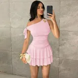 Pink Ruffled Asymmetrical Dress Unique Design Slim Fit Elegant Style Perfect for Parties or Spec