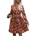 Vintage Floral Print Pleated Dress Long Sleeve Autumn Style Elegant Design Perfect for Dates Who