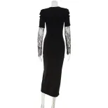 Elegant V Neck Lace Panel Bodycon Dress Chic Split Design Luxurious Feel Perfect for Autumn and